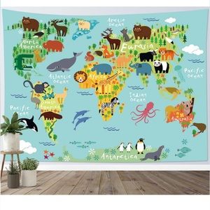 Wall Art - World Map Tapestry Wall Hanging Various Cartoon Animals